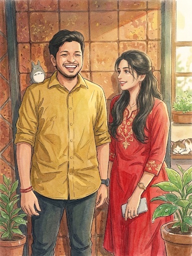 Ghibli-style illustrated portrait of Keerthana and Sai Mohith